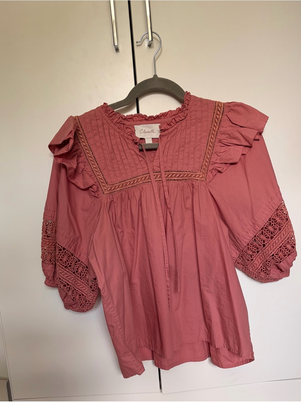 Cleobella Pink Ruffled Pintuck Tie-Neck Blouse - Picture 2 of 3